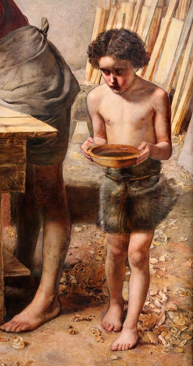 Millais'nin İsa Ailesinin Evinde tablosu: marangoz atölyesinde sahne