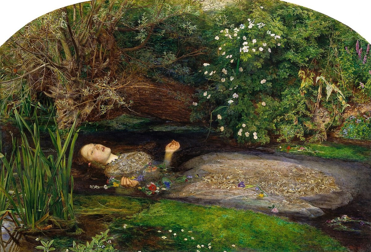 Millais'nin Ophelia tablosu: çiçeklerle suya uzanmış figür