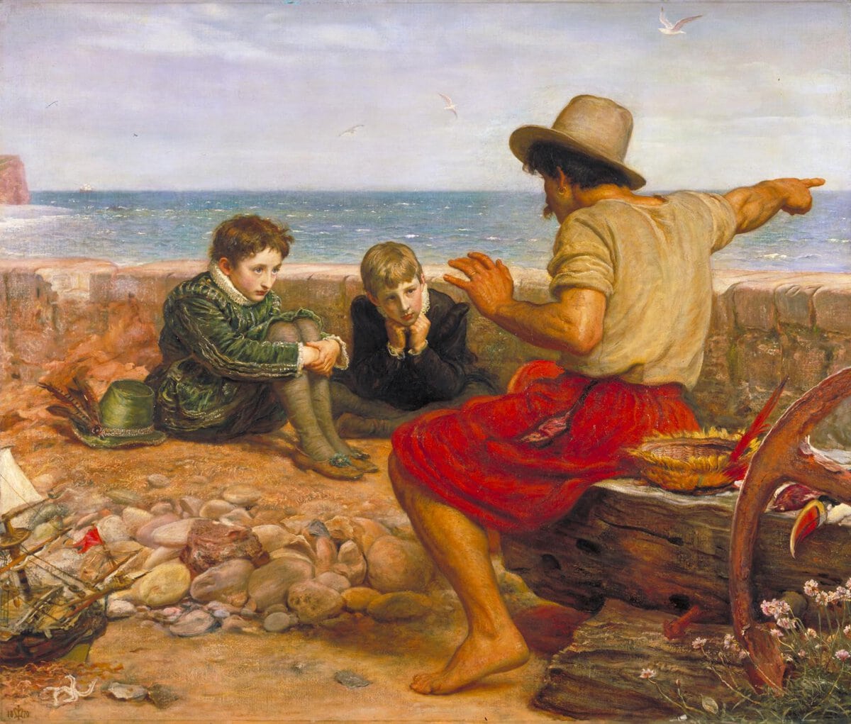 Millais'nin Raleigh'nin Çocukluğu tablosu: denizciyi dinleyen çocuklar