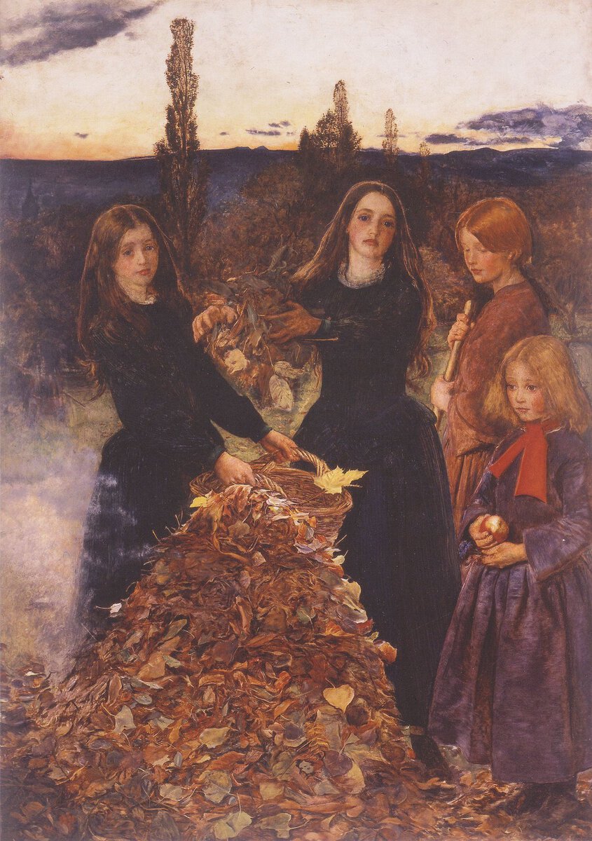Millais'nin Sonbahar Yaprakları tablosu: alacakaranlıkta yaprak yakan kızlar