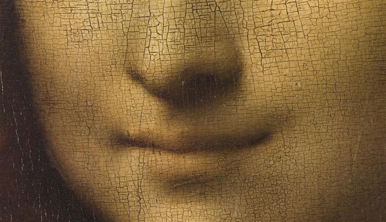 Mona Lisa tablosundan ayrıntı: yumuşak gölgelerle boyanmış dudaklar ve gülümseme
