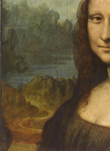 Mona Lisa tablosundan ayrıntı: sol taraftaki sisli manzara, dolambaçlı yol ve sular