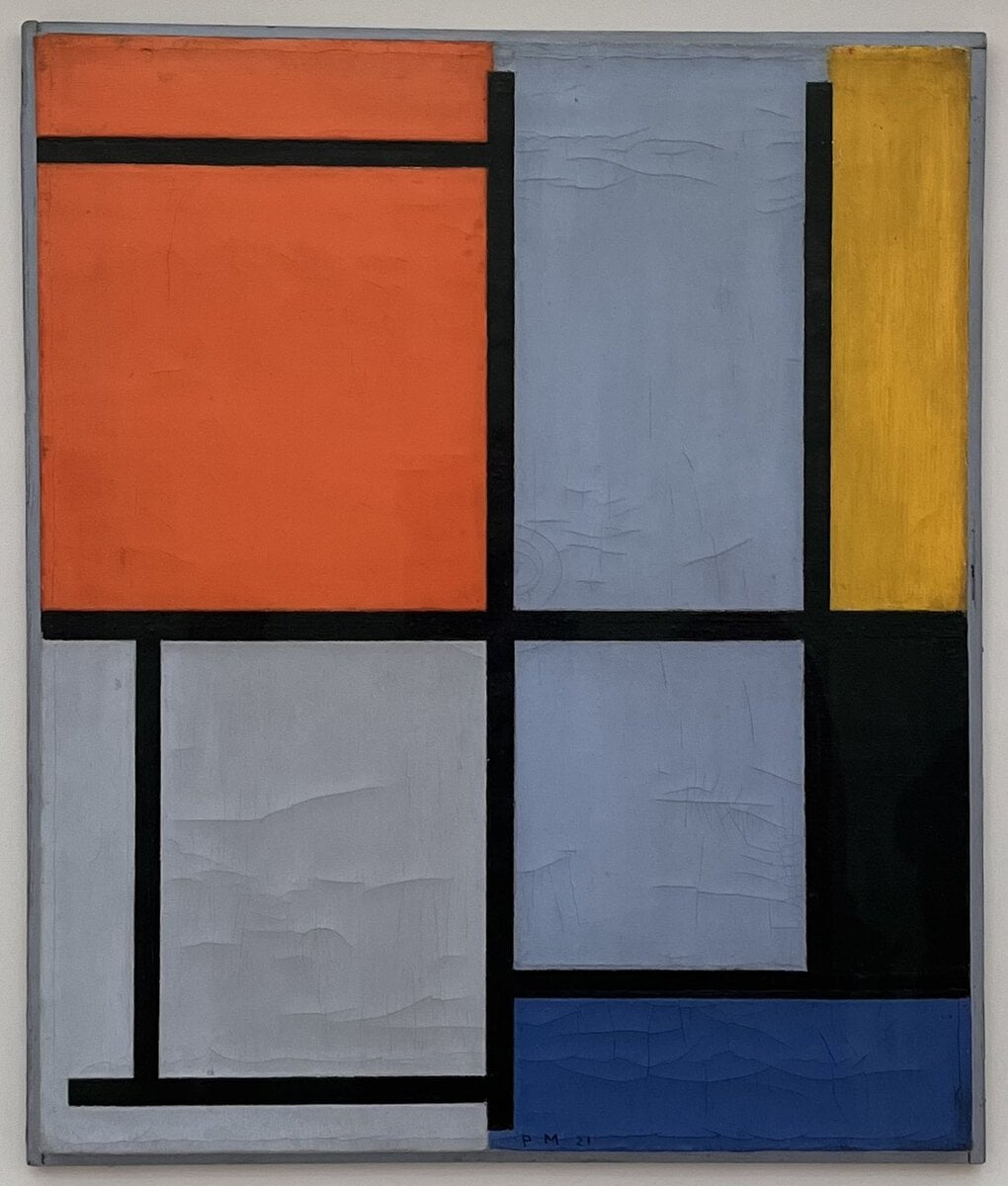 Mondrian'ın 1921 tarihli kompozisyonu: siyah çizgiler ve renkli alanlar