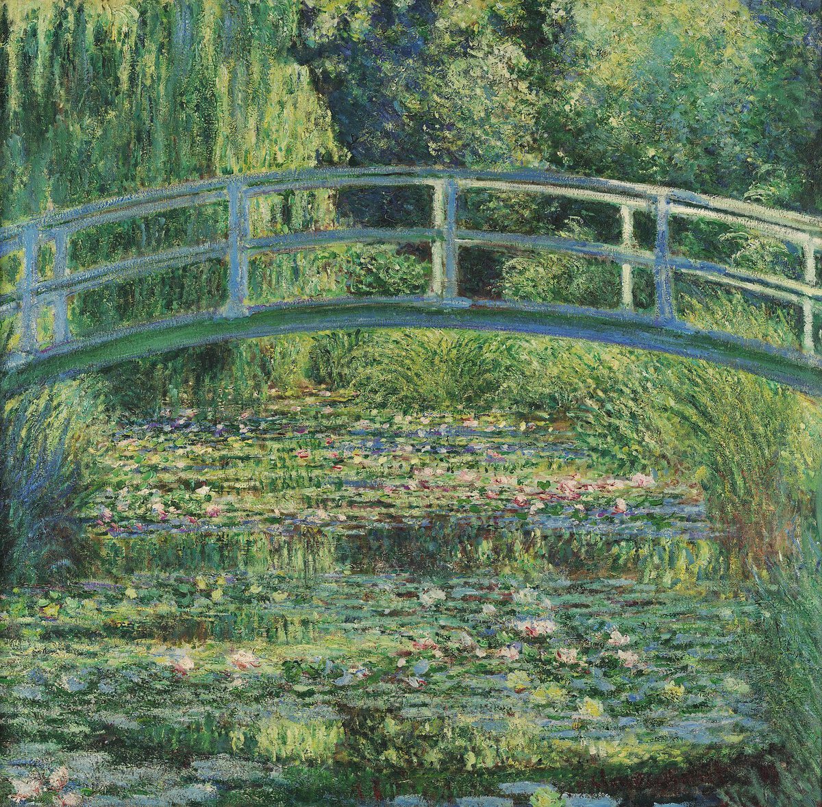 Monet'nin Japon Köprüsü tablosu: nilüfer havuzu üzerindeki yeşil köprü