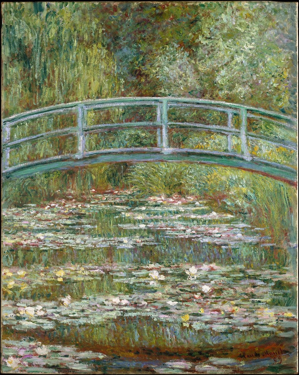 Monet'nin Giverny'deki Japon köprüsü ve nilüfer havuzu tablosu