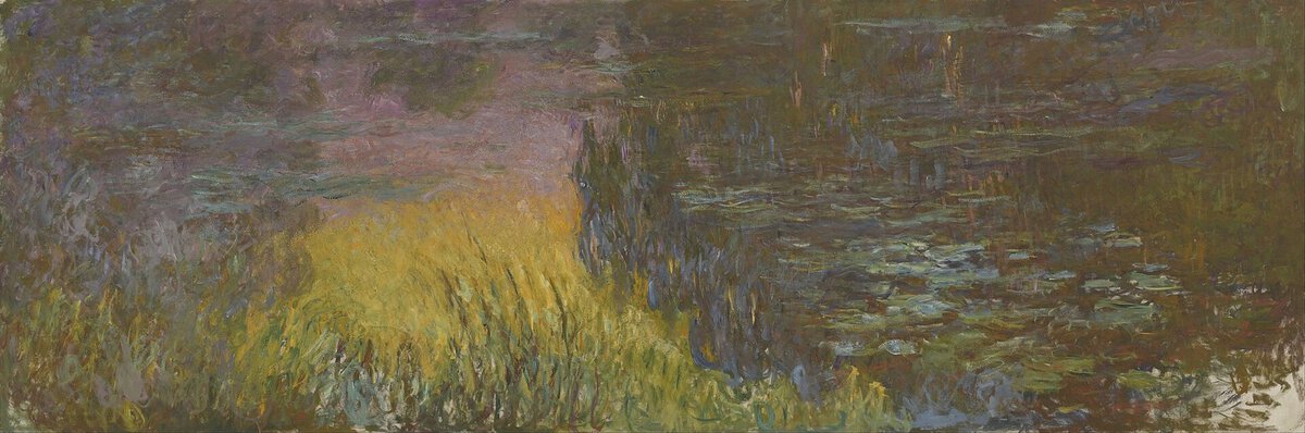 Monet'nin Orangerie Müzesi'ndeki Nilüferler: Gün Batımı panosu, turuncu ve sarı tonlarda su yüzeyi