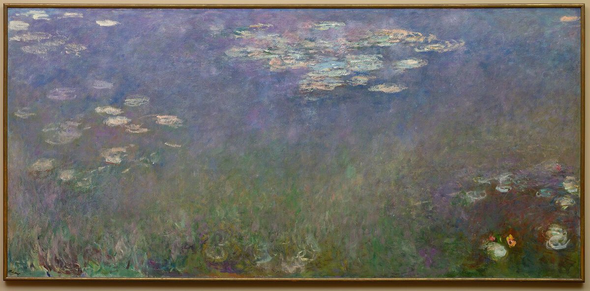 Monet'nin Nilüferler panolarından biri: su yüzeyinde nilüferler ve yansımalar
