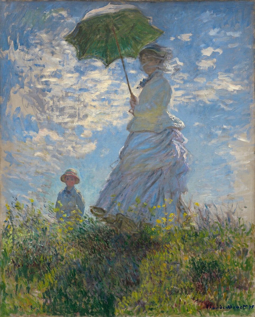 Monet'nin Şemsiyeli Kadın tablosu: rüzgarda şemsiyeli Camille ve oğlu Jean