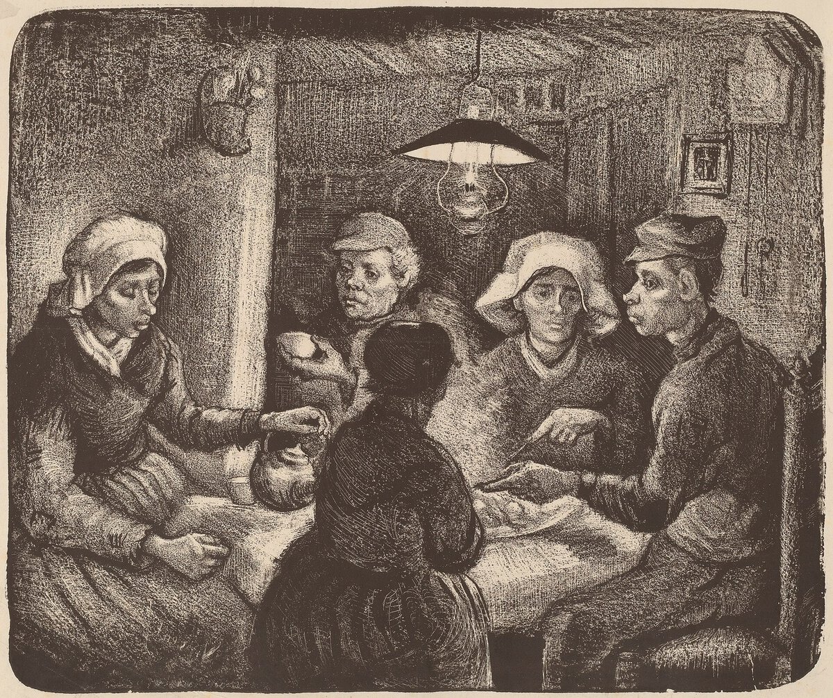 Van Gogh'un Patates Yiyenler taşbaskısı, sahne ters çevrilmiş