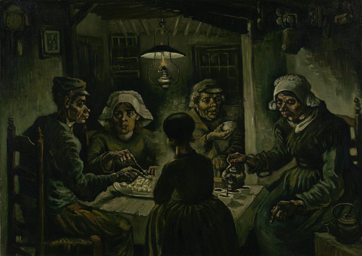 Van Gogh'un Patates Yiyenler tablosu: lamba ışığında masada patates yiyen köylü ailesi