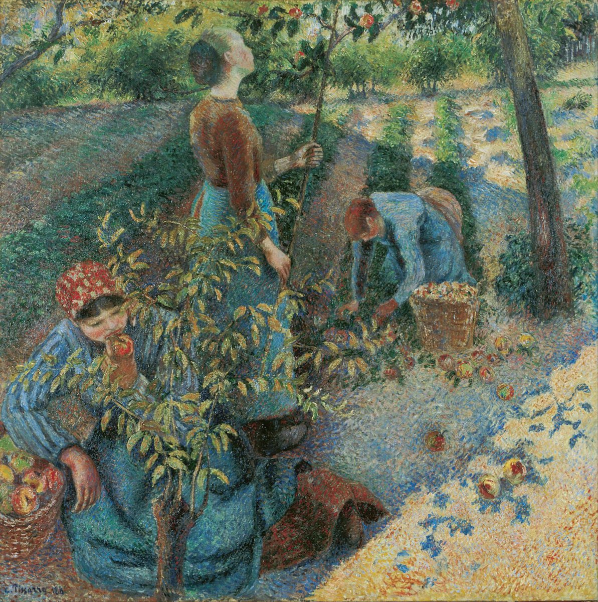 Pissarro'nun Éragny'de Elma Toplama tablosu: noktacı tekniğiyle tarla sahnesi