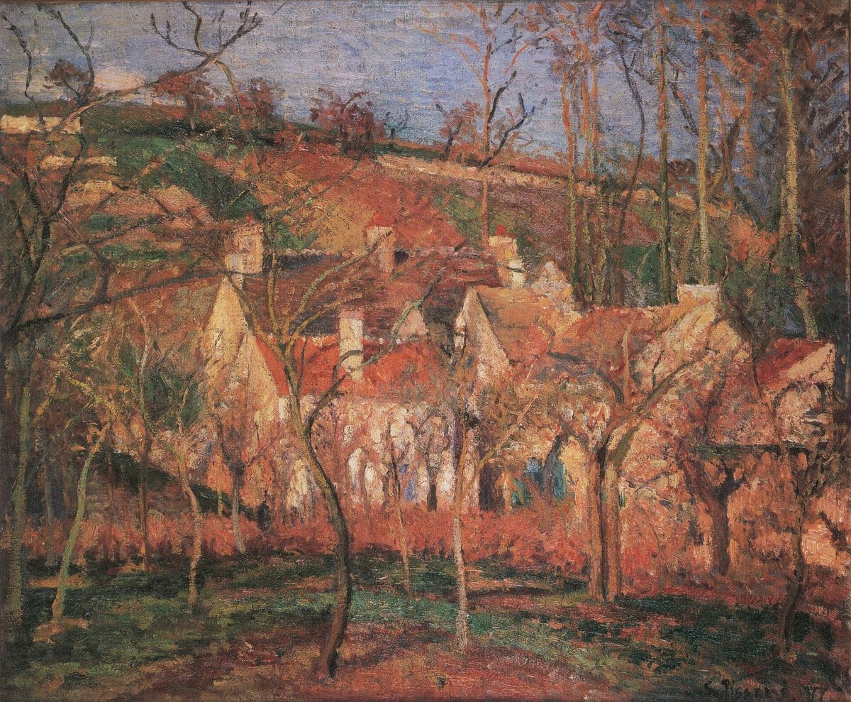 Pissarro'nun Kırmızı Çatılar tablosu: çıplak ağaçların ardındaki kırmızı damlar