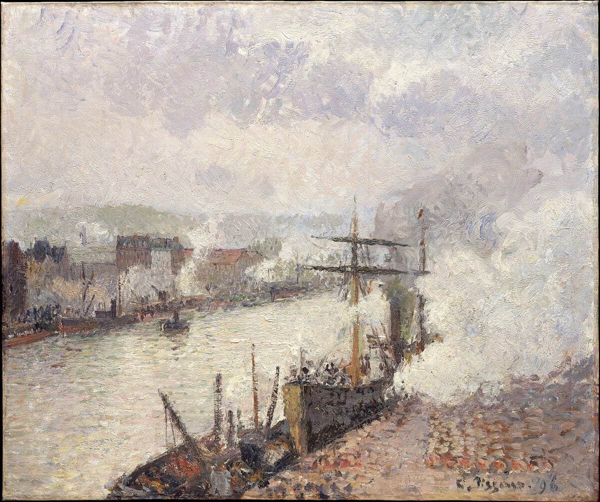Pissarro'nun Rouen Limanı tablosu: rıhtımdaki gemiler ve duman