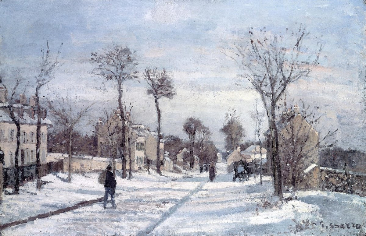 Pissarro'nun Louveciennes'de Versailles Yolu tablosu: karlı köy yolu