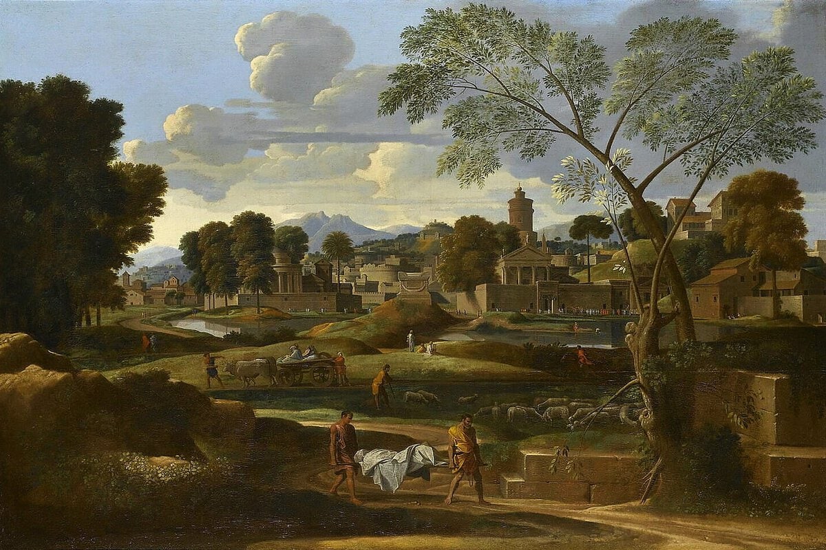Poussin'in Phocion'un Cenazesi ile Manzara tablosu: geometrik düzenli kır görünümü