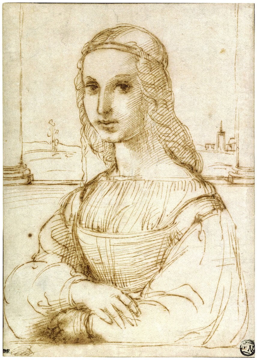 Raffaello'nun Mona Lisa'yı gördükten sonra çizdiği, dörtte üç açıyla oturan kadın eskizi