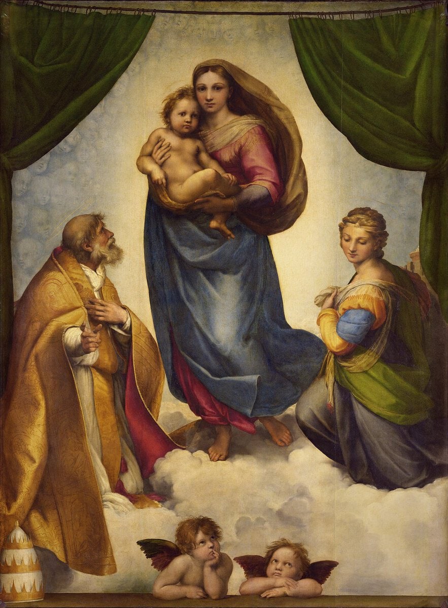 Raffaello'nun Sistine Madonnası: bulutlar üzerinde Meryem ve aşağıda iki melek