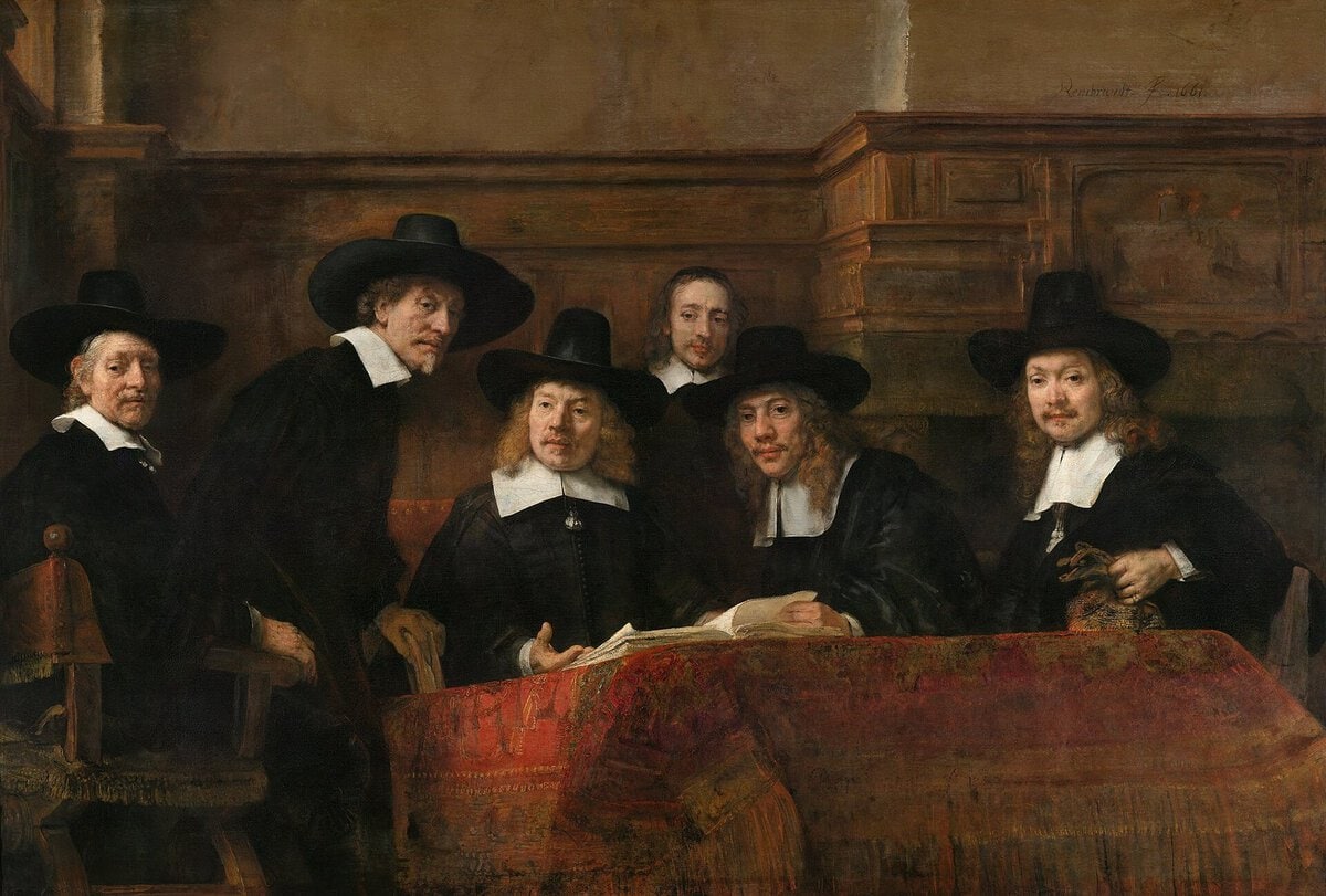 Rembrandt'ın Loncanın Denetçileri tablosu: masadaki beş denetçi