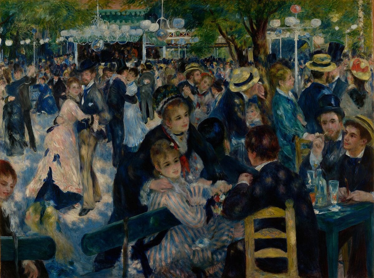 Renoir'ın Moulin de la Galette'te Balo tablosu: ağaç altında dans eden kalabalık