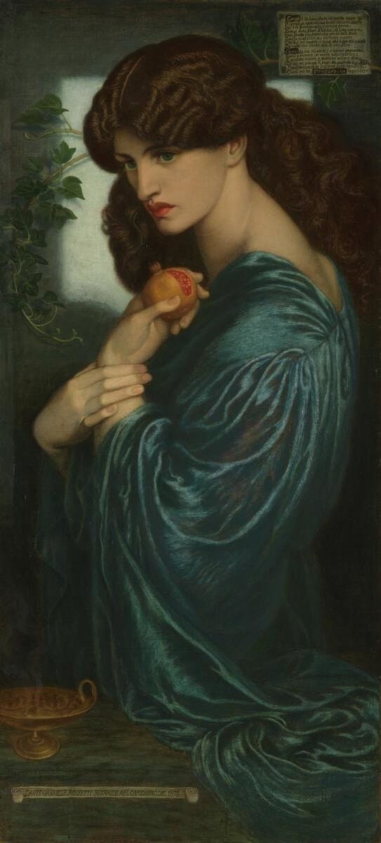 Rossetti'nin Proserpina tablosu: elinde nar tutan figür