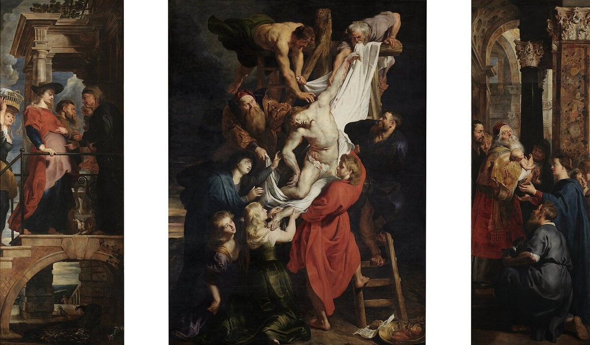 Rubens'in Haçtan İndiriliş sunağı: beyaz kefen üzerinde inen İsa'nın bedeni