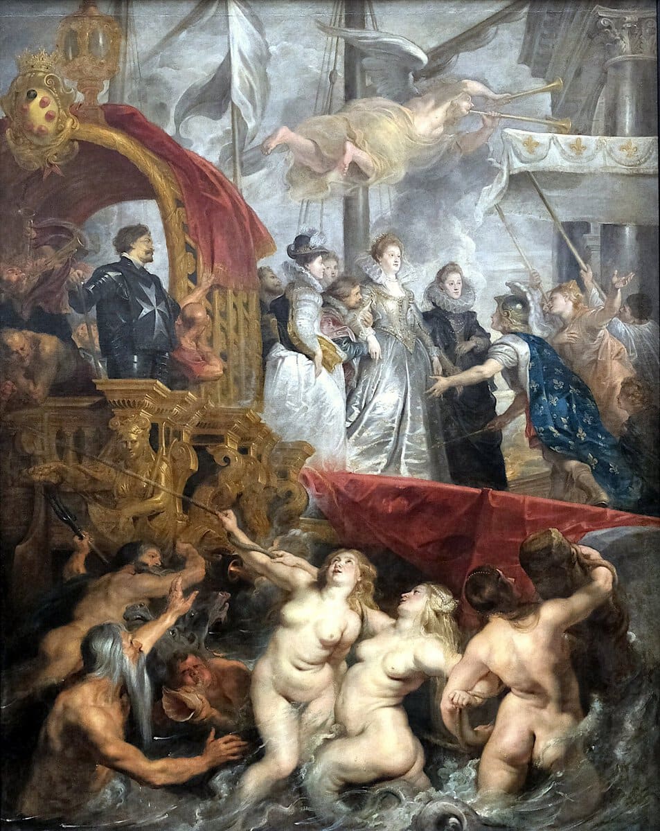 Rubens'in Marie de' Medici dizisinden bir tablo: mitolojik figürlerle karşılama sahnesi