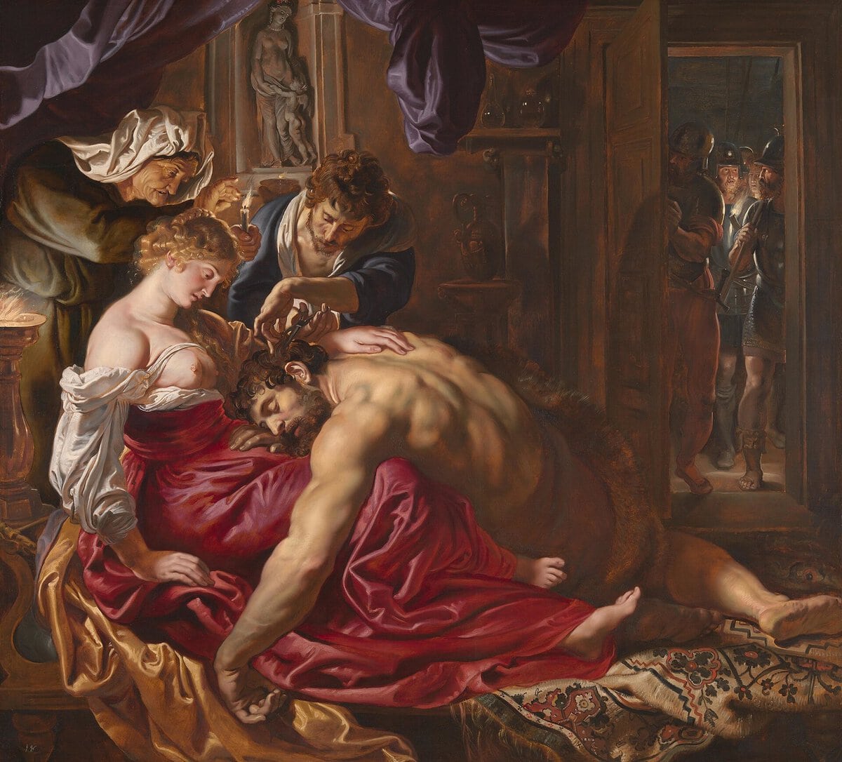 Rubens'in Samson ve Delilah tablosu: mum ışığında uyuyan Samson