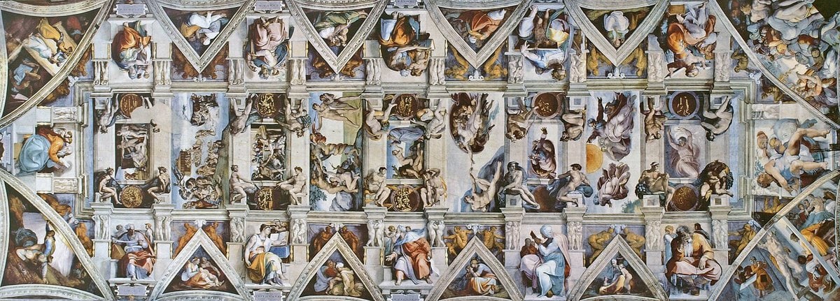 Michelangelo'nun Sistine Şapeli tavanı: orta şeritte Tekvin'den dokuz sahne