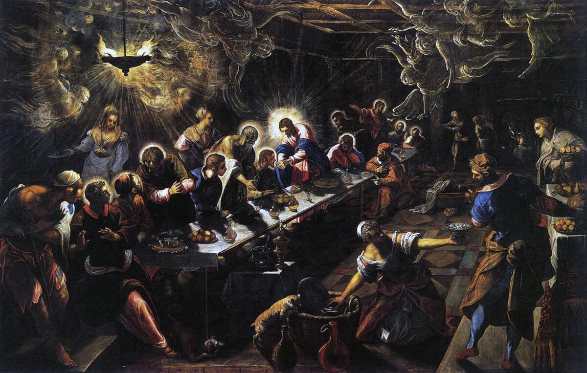 Tintoretto'nun Son Akşam Yemeği: çapraz yerleştirilmiş masa, karanlıkta ışık saçan melekler