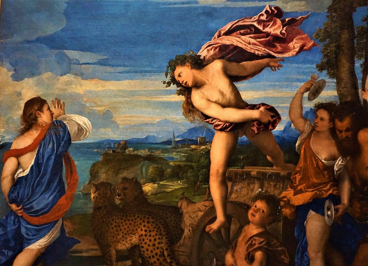 Tiziano'nun Bacchus ve Ariadne tablosu: arabadan atlayan Bacchus