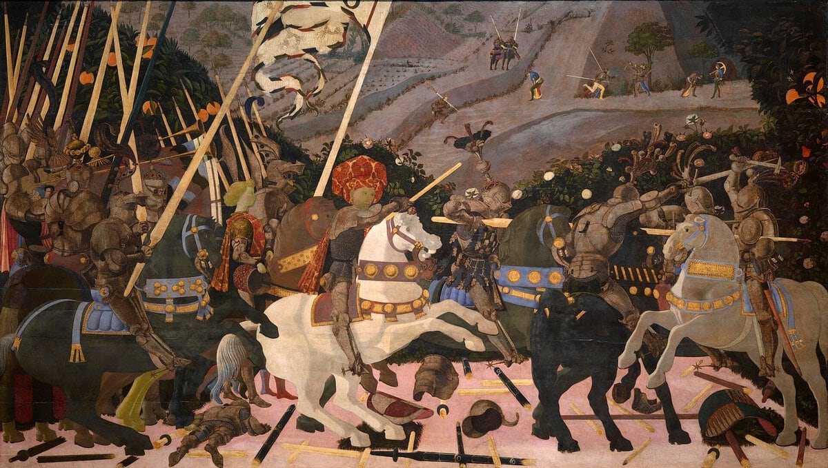Uccello'nun San Romano Savaşı panosu: yere düşmüş mızraklar