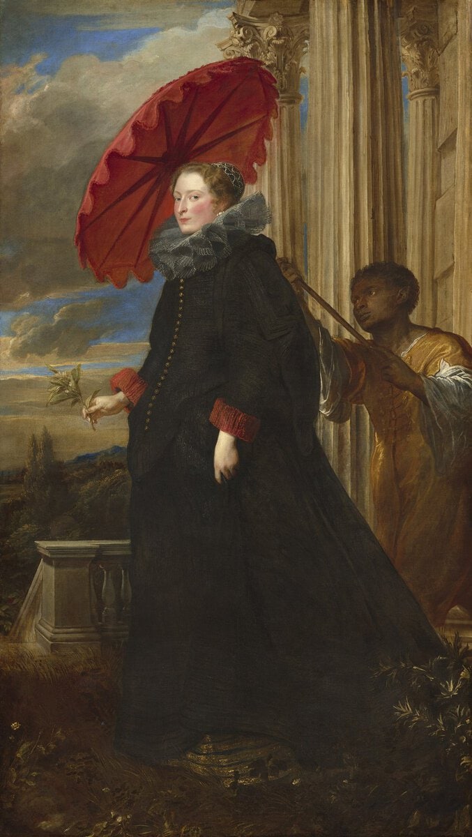 Van Dyck'in Marchesa Elena Grimaldi portresi: siyah elbiseli kadın ve kırmızı şemsiye