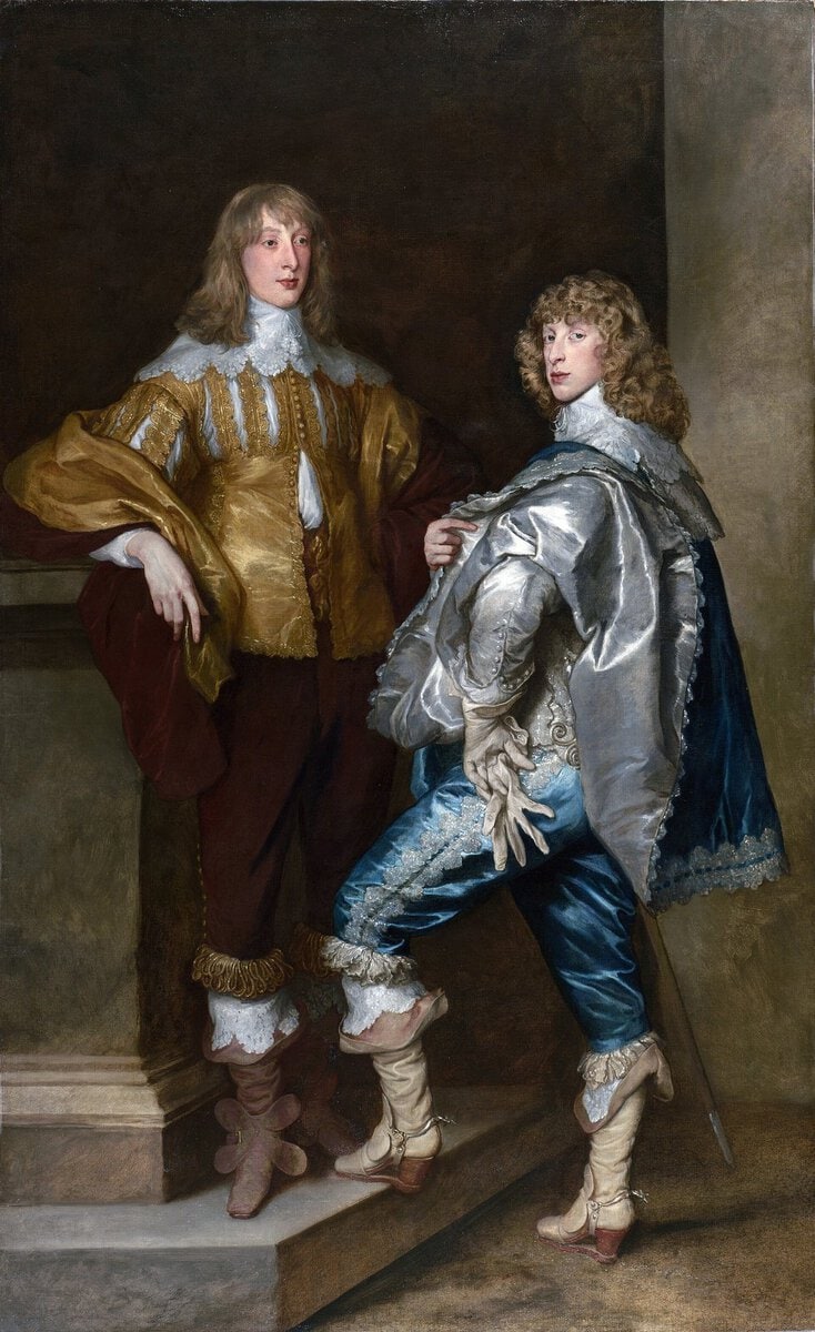 Van Dyck'in Stuart kardeşleri gösteren portresi: gümüş ve sarı giysili iki genç