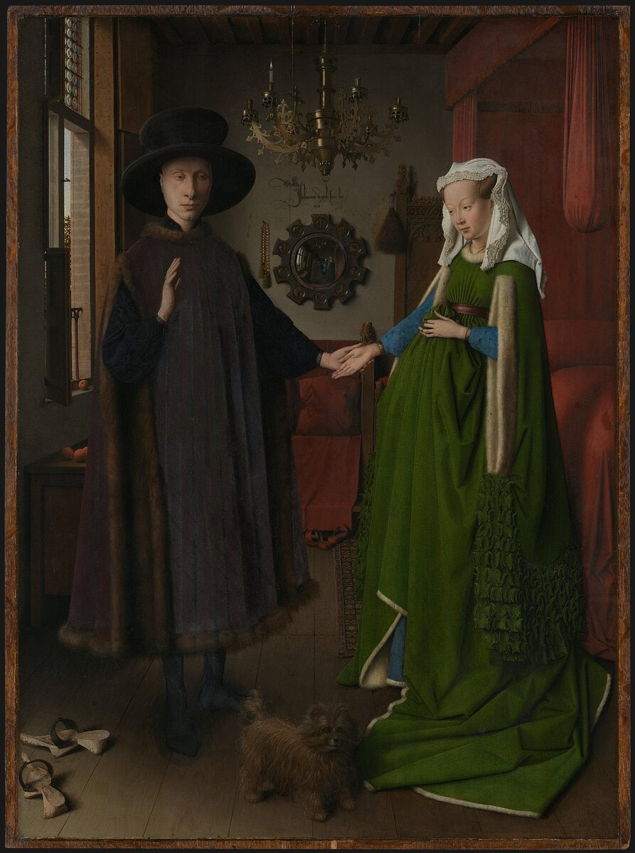Van Eyck'in Arnolfini Portresi: odada el ele duran çift ve arkadaki dışbükey ayna