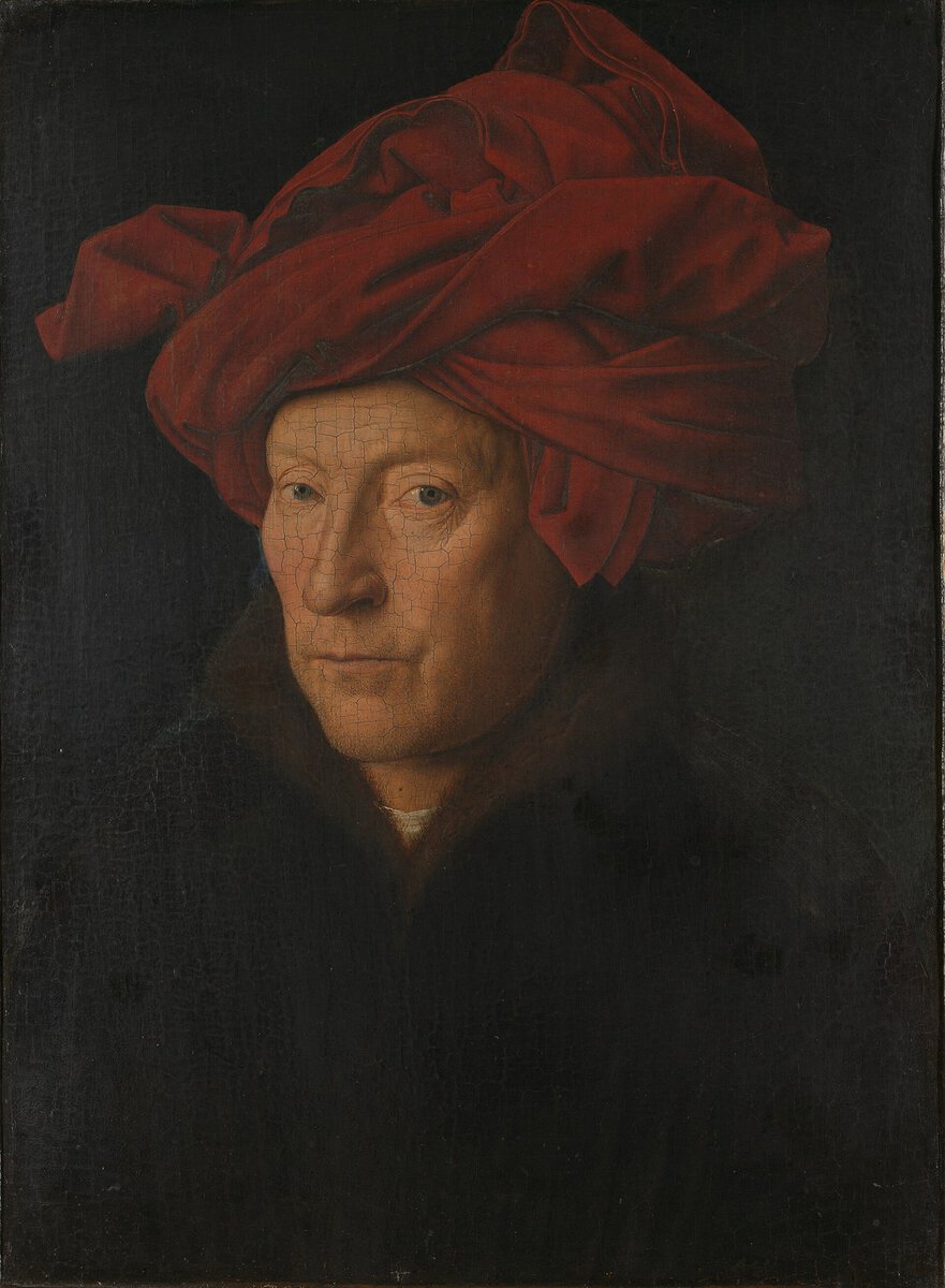 Van Eyck'in Kırmızı Sarıklı Adam portresi: izleyiciye bakan sert yüz