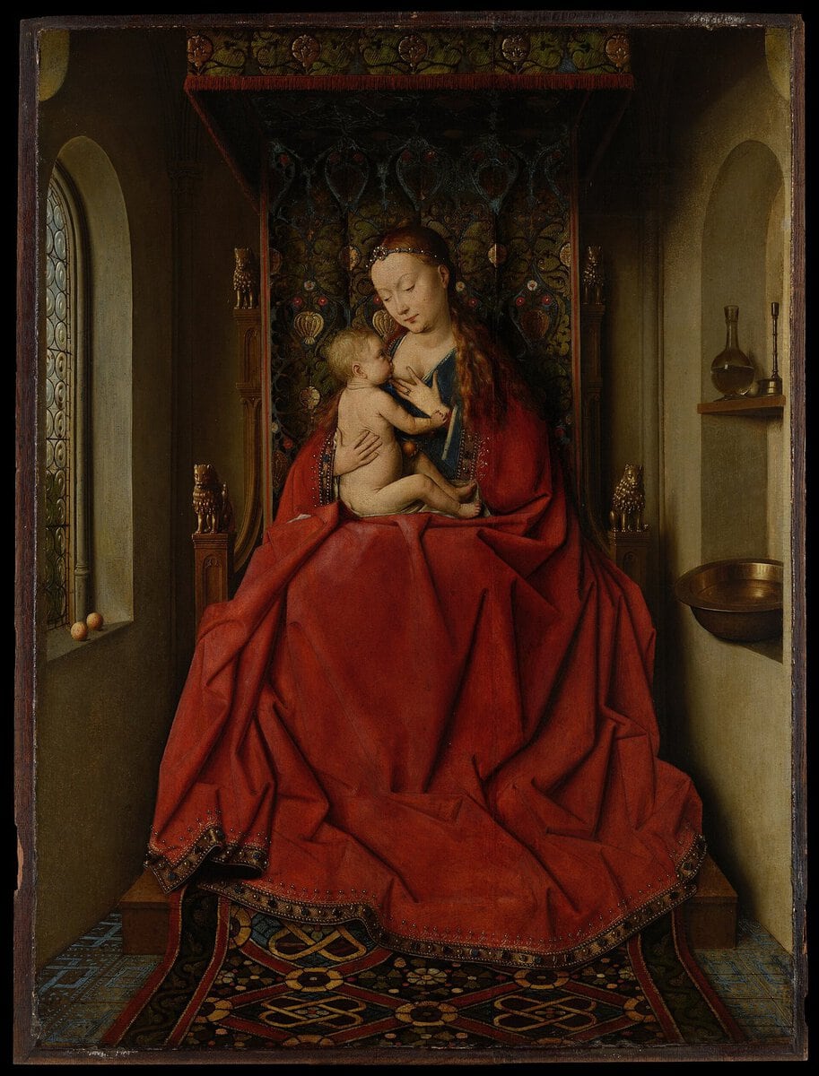 Van Eyck'in Lucca Meryem'i: kırmızı örtülü tahtta oturan Meryem