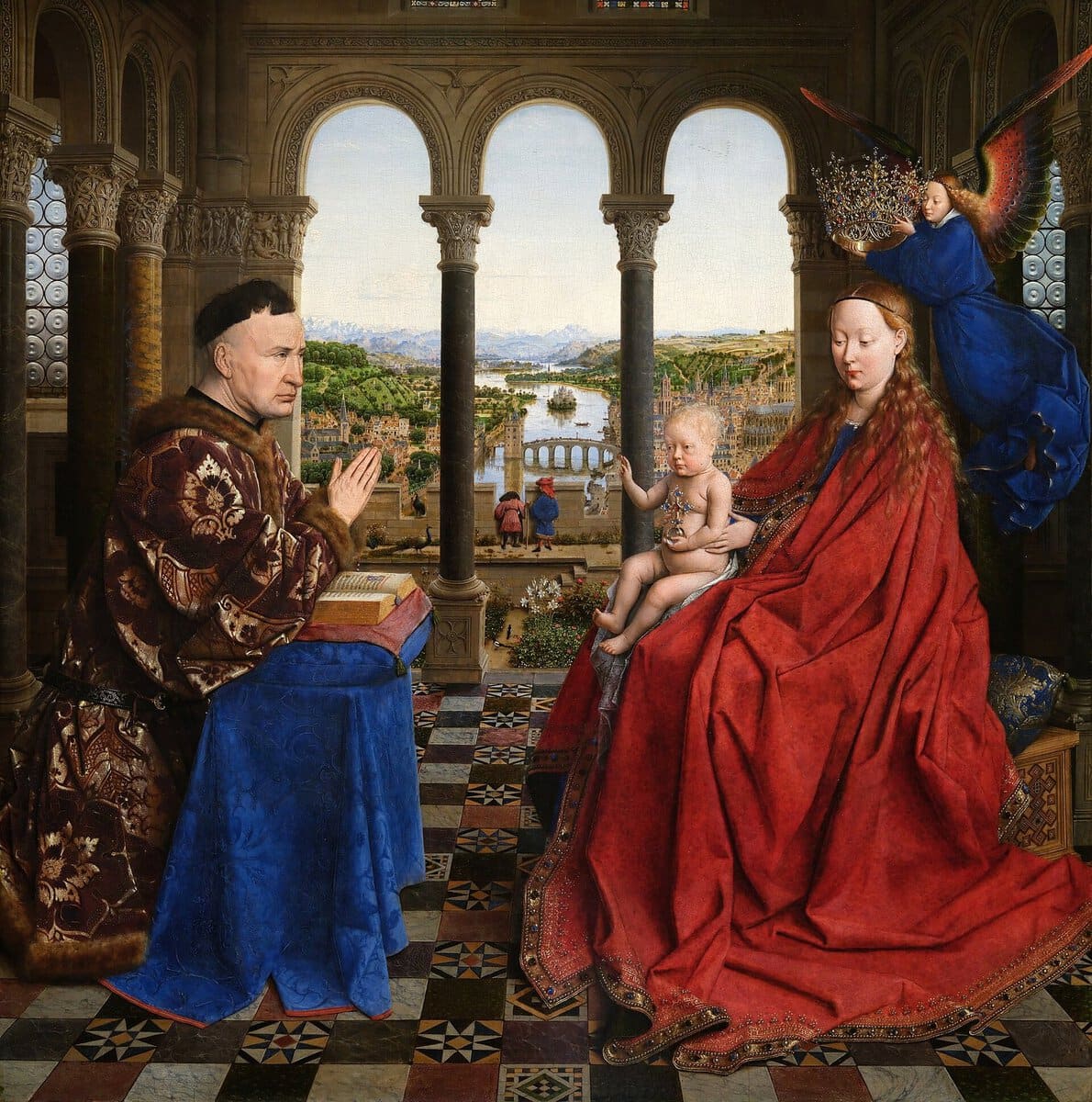 Van Eyck'in Şansölye Rolin'in Meryem'i: kemerli pencereden görünen nehir ve kent