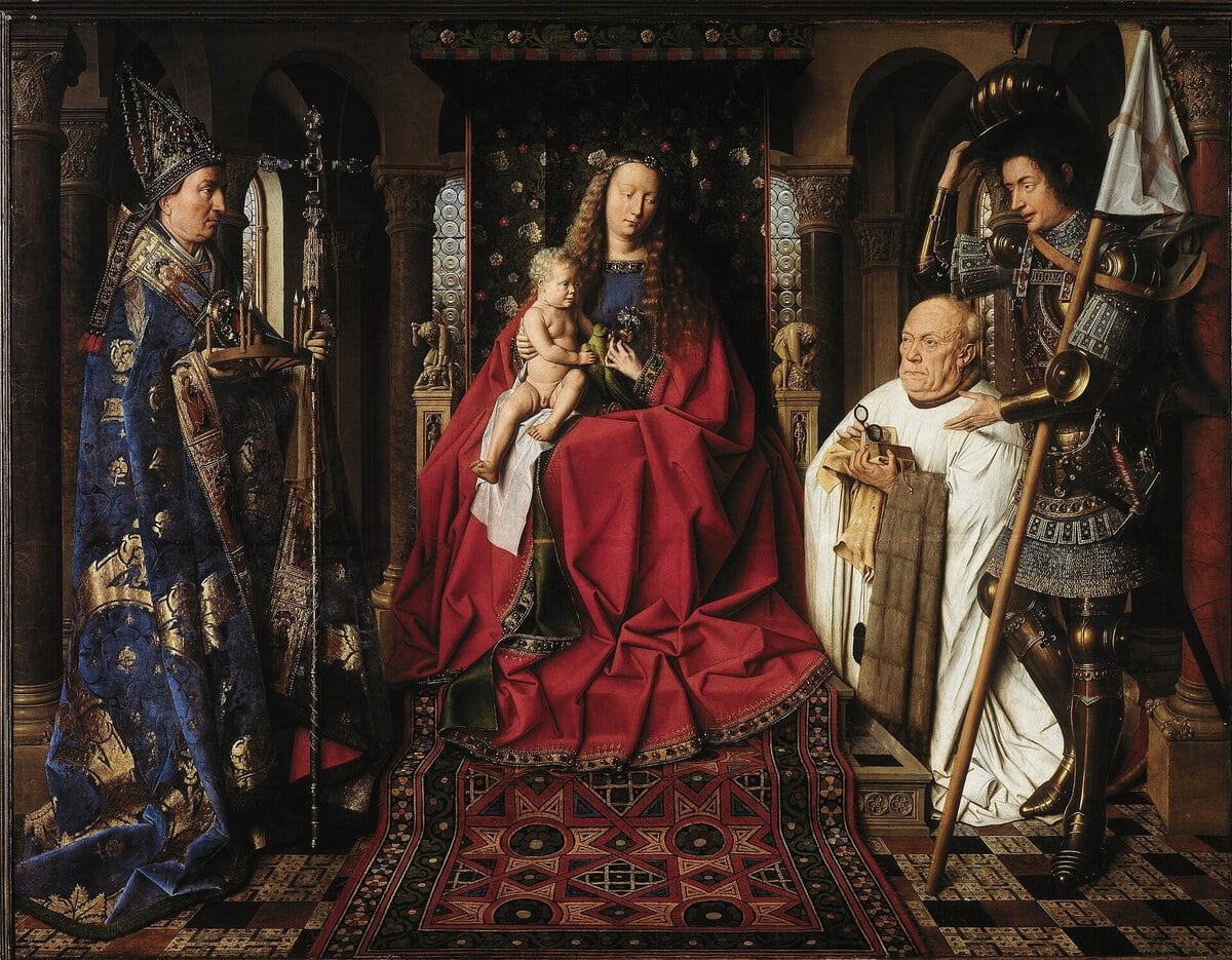 Van Eyck'in Canon van der Paele'nin Meryem'i: gözlüklü rahip ve Meryem