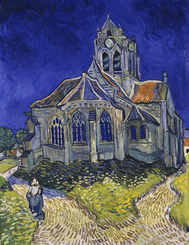 Van Gogh'un Auvers Kilisesi tablosu: koyu mavi gökyüzü önünde kıvrımlı çizgilerle boyanmış gotik kilise