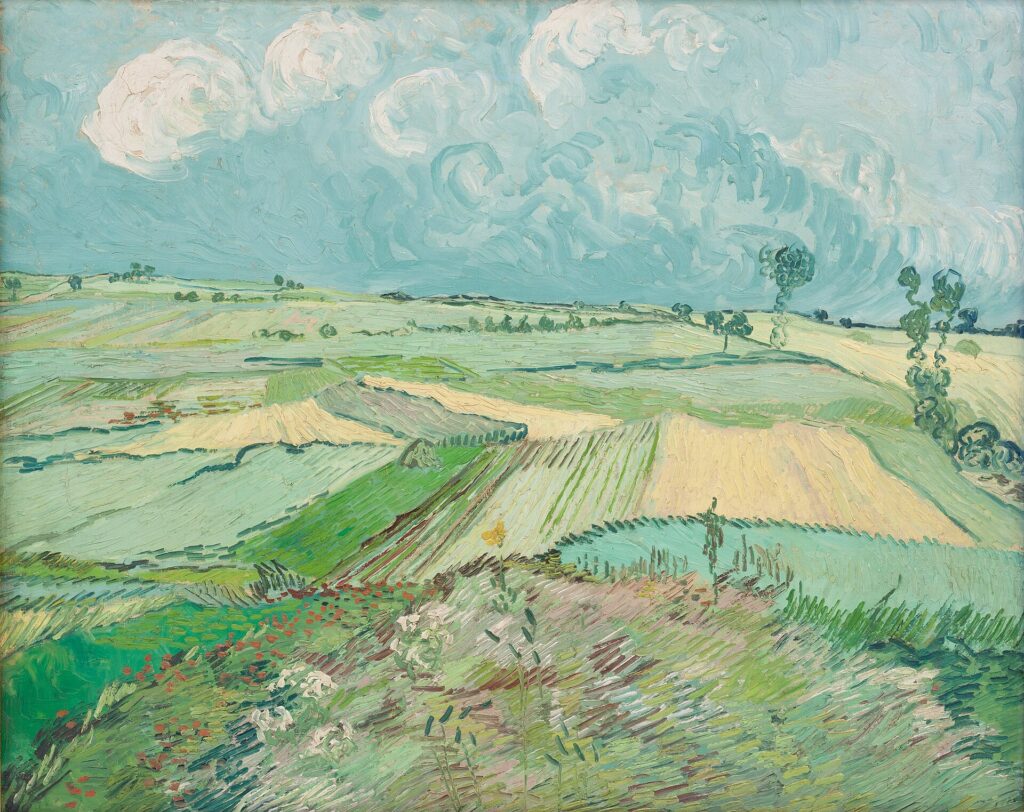Van Gogh'un Yağmurdan Sonra Buğday Tarlaları tablosu: Auvers ovasında yeşil ve sarı tarlalar