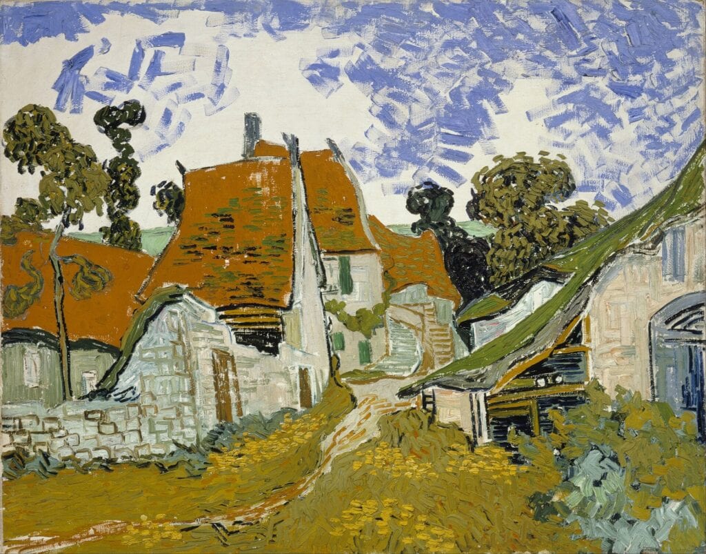Van Gogh'un Auvers'de Bir Sokak tablosu: yeşillikler arasında kiremit çatılı evler