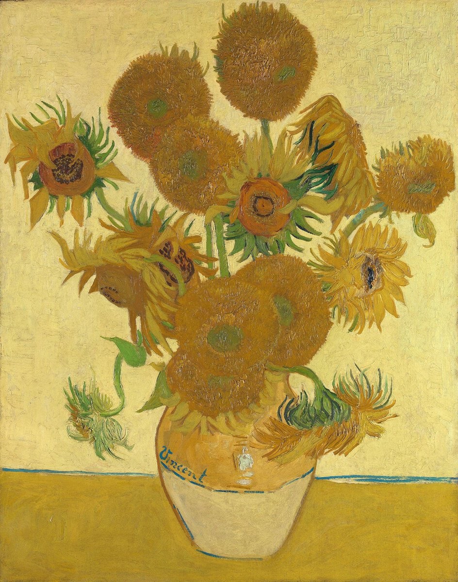 Van Gogh'un Ayçiçekleri tablosu: vazoda açmış ve solmuş ayçiçekleri