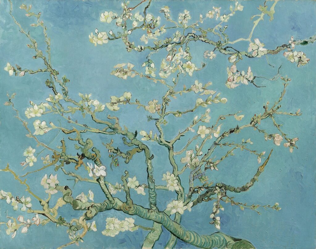 Van Gogh'un Badem Çiçekleri tablosu: mavi gökyüzü önünde beyaz çiçekli badem dalları
