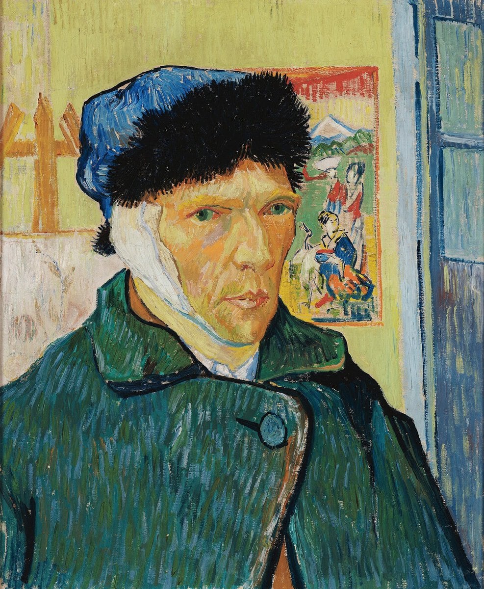 Van Gogh'un bandajlı kulakla otoportresi: kürk şapkalı ressam ve arkadaki Japon baskısı