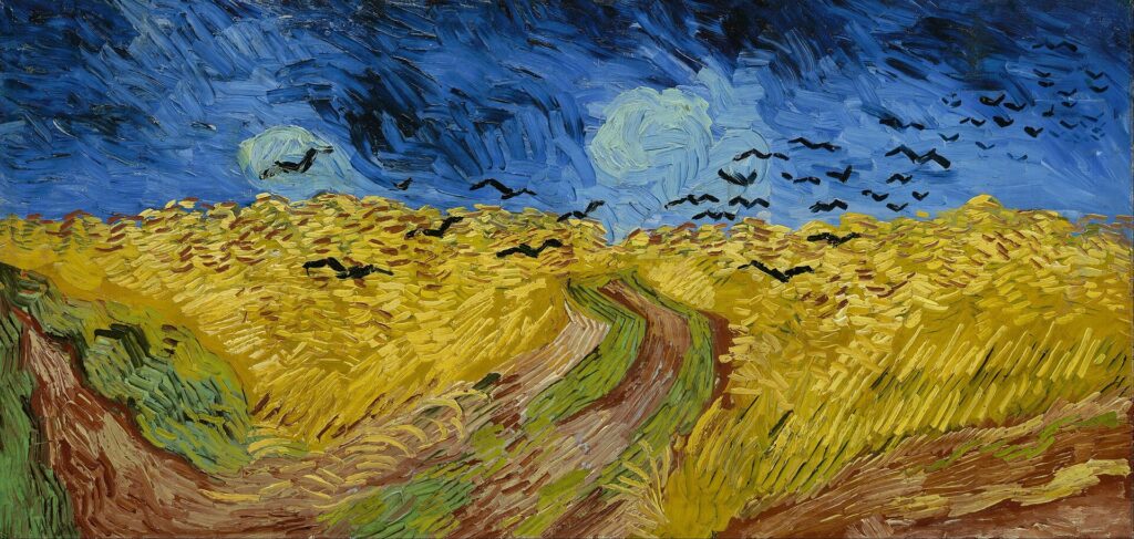 Van Gogh'un Buğday Tarlası ve Kargalar tablosu: fırtınalı mavi gökyüzü altında sarı buğday tarlası ve kargalar