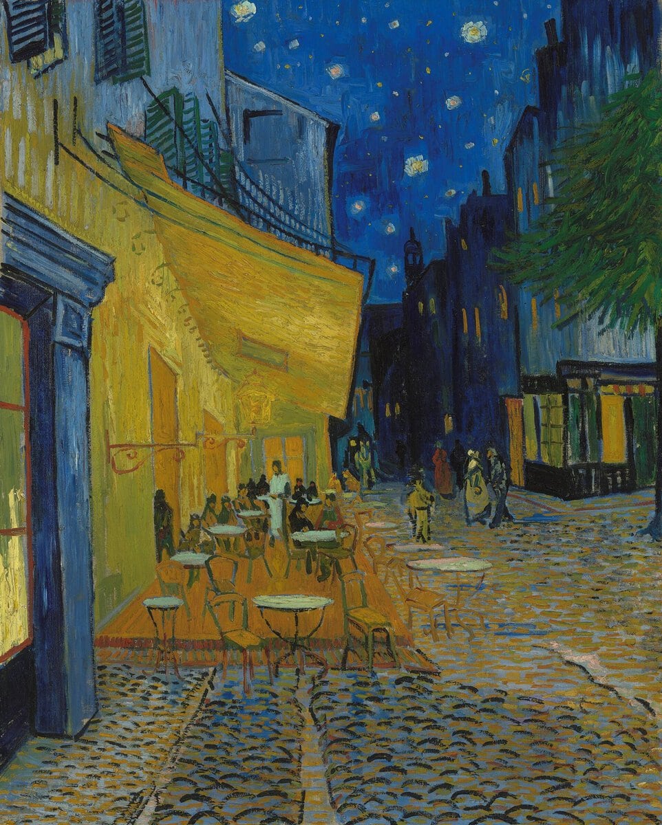 Van Gogh'un Gece Kafe Terası tablosu: sarı ışıklı kafe ve yıldızlı mavi gökyüzü
