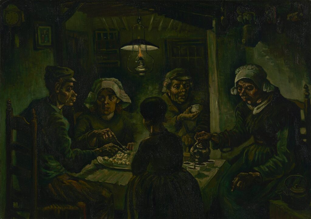 Van Gogh'un Patates Yiyenler tablosu: loş bir lamba ışığında masa başında patates yiyen köylü ailesi