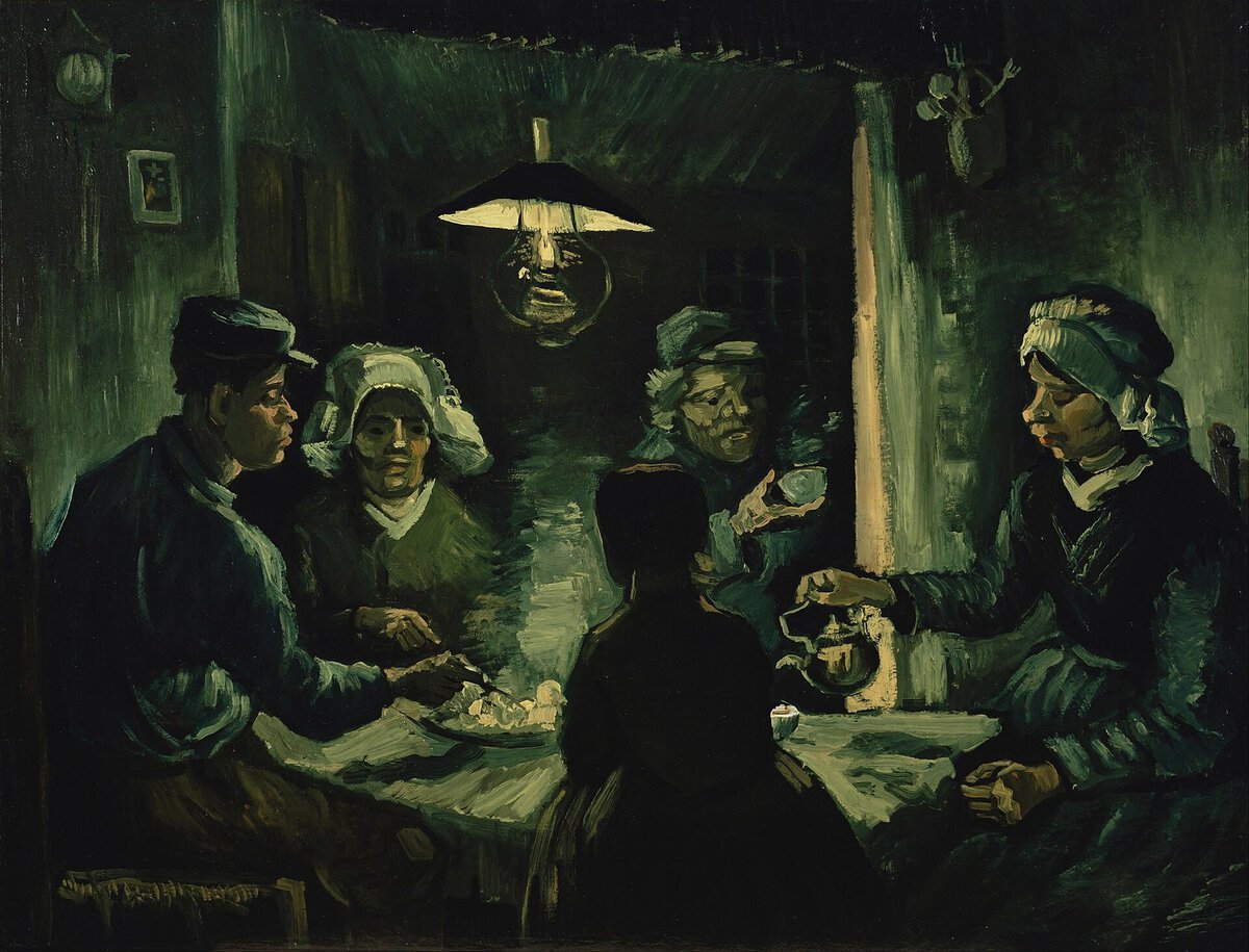 Van Gogh'un Patates Yiyenler tablosu: lambanın altında yemek yiyen beş köylü