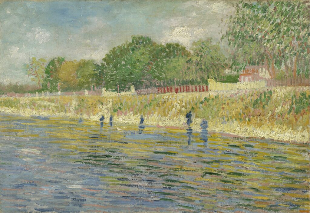 Van Gogh'un Seine Kıyısı tablosu: parlak renklerle boyanmış nehir kenarı ve ağaçlar