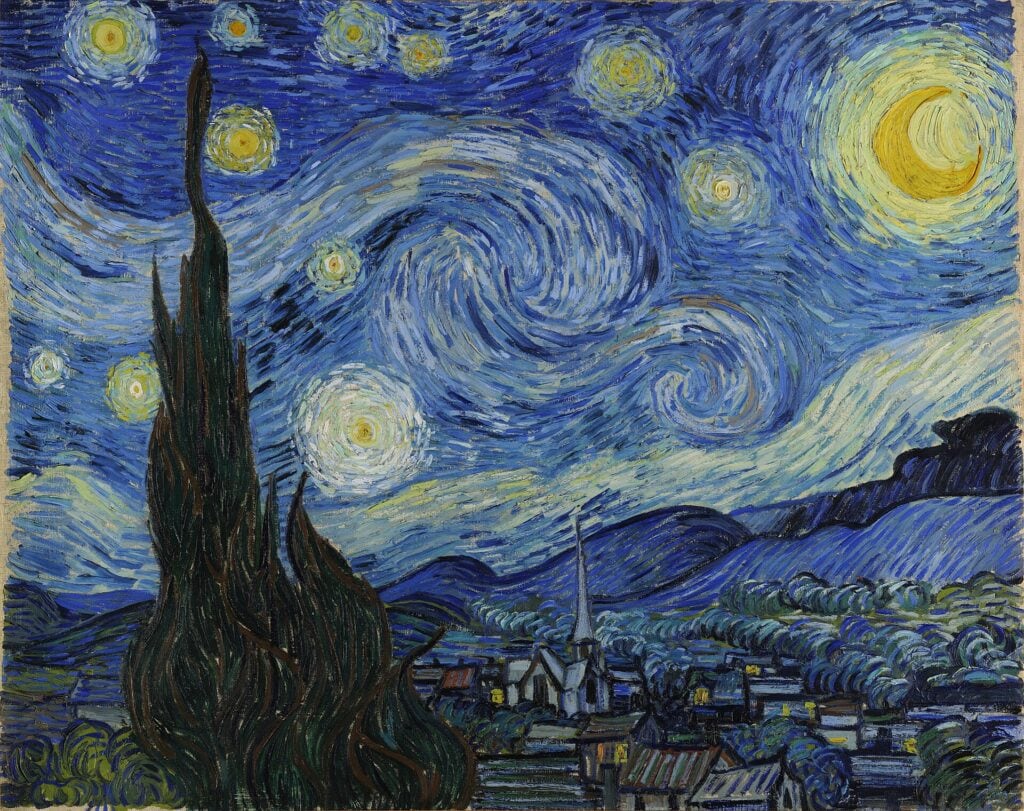 Van Gogh'un Yıldızlı Gece tablosu: kıvrılan gökyüzü, parlak yıldızlar ve servi ağacı